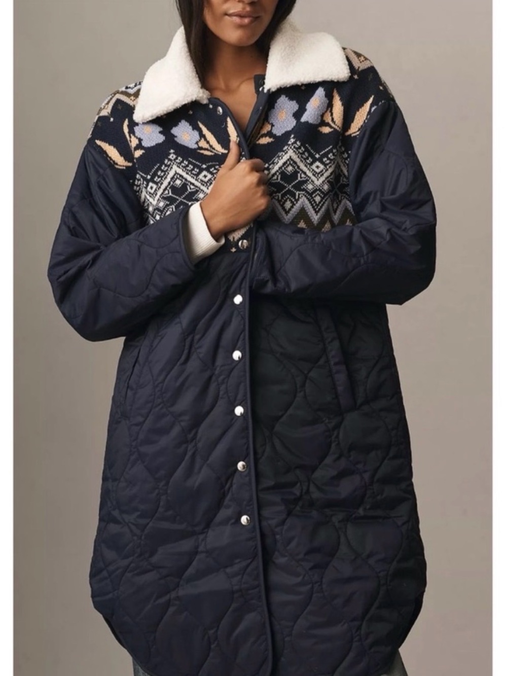 Anthropologie Navy Quilted Coat Sherpa Collar